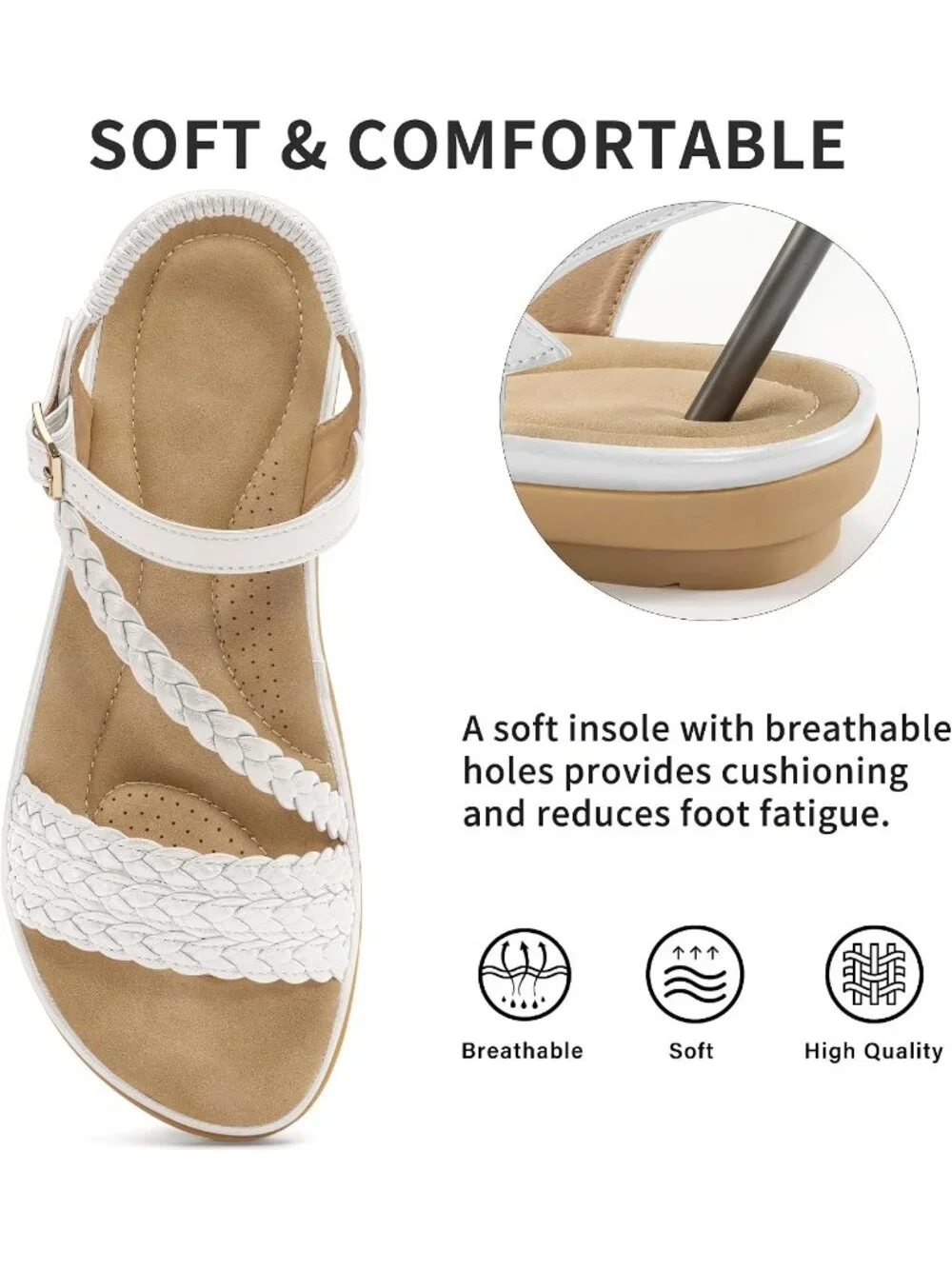 Women's White Summer Comfortable Strappy Flats Casual Walking Beach Sandals